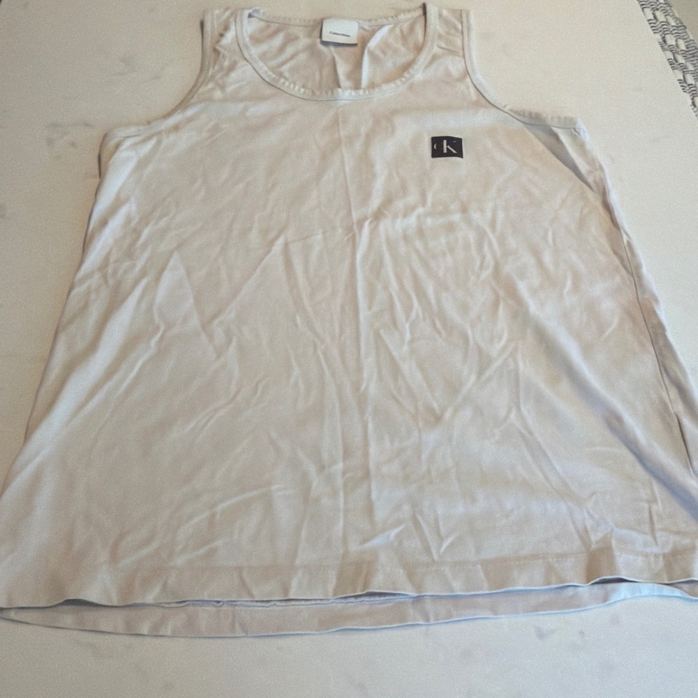 Calvin Klein Tank Top Mens Beige CK Logo Patch Minimalist Streetwear Style - Picture 3 of 10
